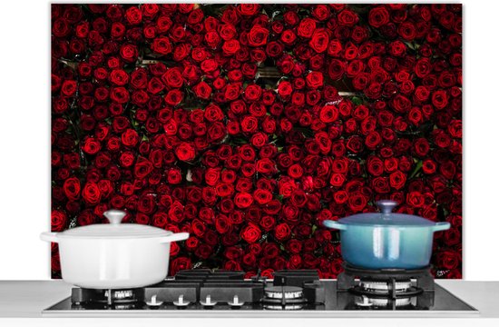 Spatscherm keuken 100x65 cm - Kookplaat achterwand Bloemen - Rozen - Rood - Muurbeschermer - Spatwand fornuis - Hoogwaardig aluminium