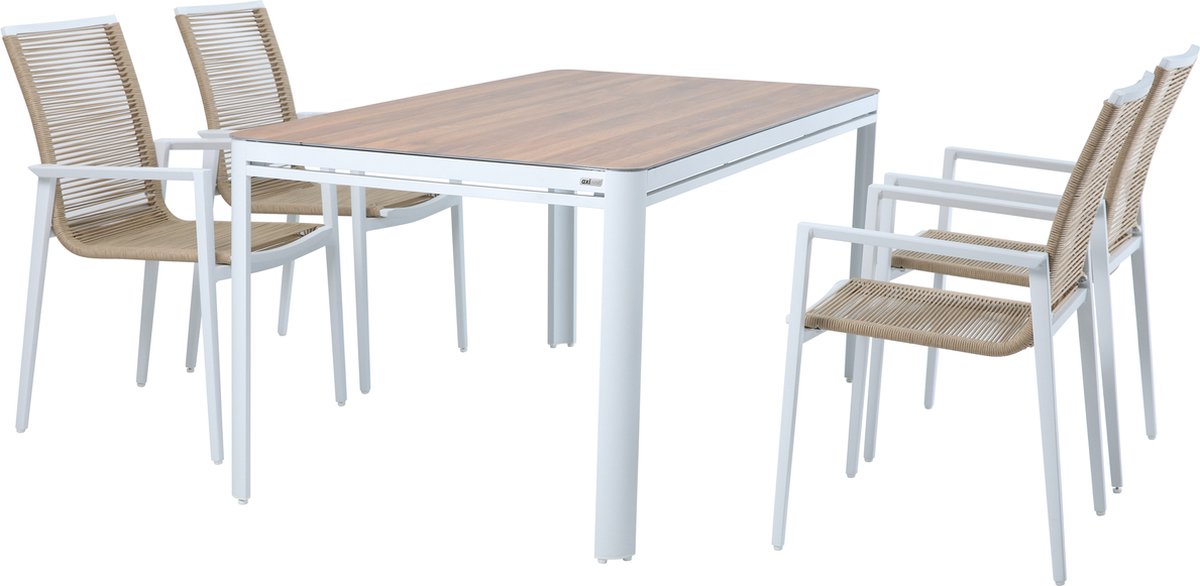 Moderne tuinset in wit met hout-look, gepoedercoat aluminium frame, dubbel geweven stoelen.