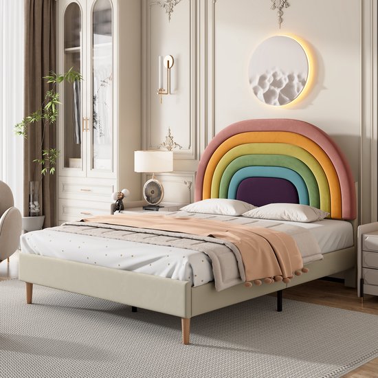 Gestoffeerd bed 140x200cm - jeugdbed Rainbow hoofdbord - houten lattenbodem - eenvoudige montage - in hoogte verstelbaar hoofdbord - fluweel beige