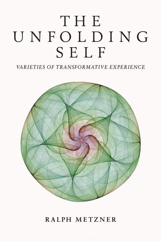 Boekomslag 'The Unfolding Self' met in het midden een spiraalvormig, veelkleurig patroon in groen en roze tinten.