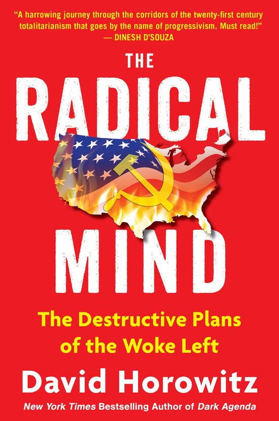 Boekomslag van "The Radical Mind" met de titel in grote witte letters boven een kaart van de VS met een hamer en sikkel-symbool en de Amerikaanse vlag. Ondertitel: "The Destructive Plans of the Woke Left".