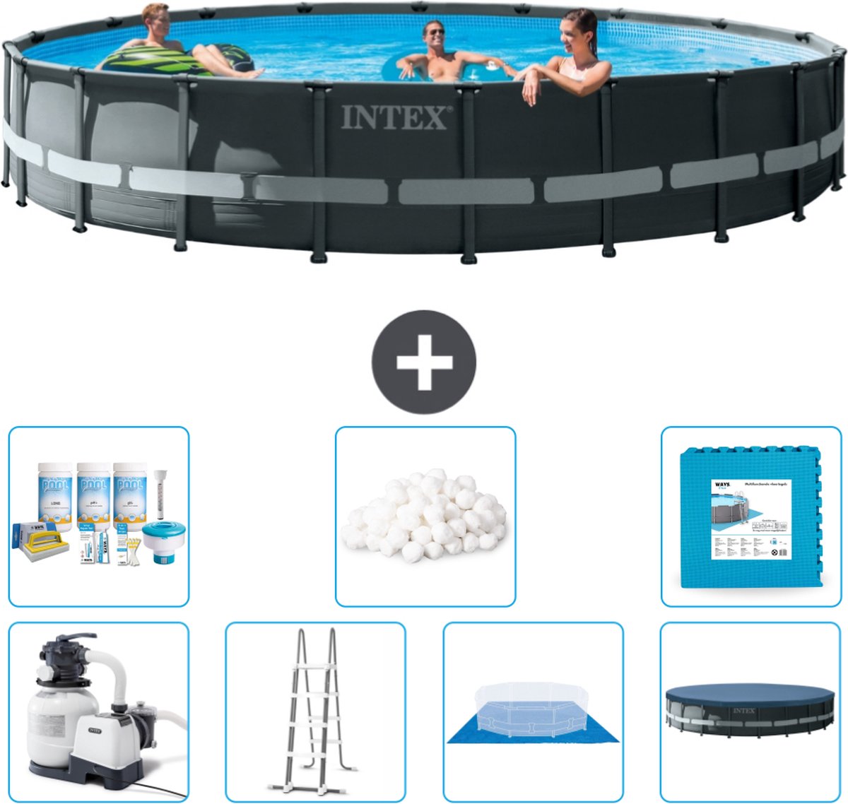 Intex Rond Ultra XTR Frame Zwembad - 610 x 122 cm - Inclusief Pomp - Ladder - Grondzeil - Afdekzeil Onderhoudspakket - Filterbollen - Vloertegels
