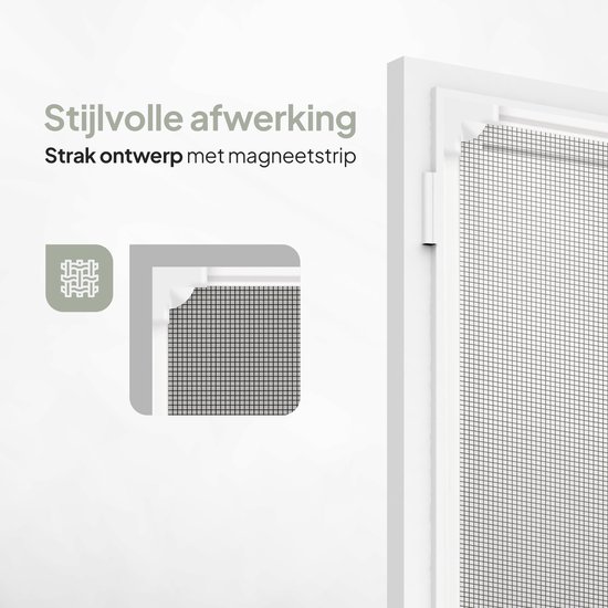 Close-up van een strak ontworpen witte magnetische raamhor met een magnetische strip en fijn grijs gaas.