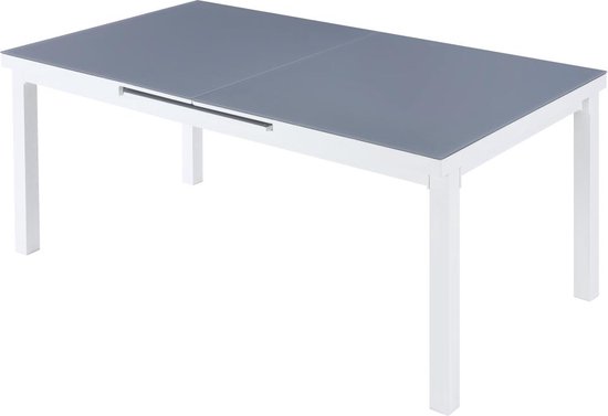 MYLIA Uitschuifbare tuintafel van aluminium en gehard glas - Grijs en wit - 4 tot 8 personen - L180/240 cm - LINOSA L 240 cm x H 76 cm x D 100 cm