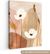 Canvas schilderij 30x40 cm - Wanddecoratie Bloemen - Abstract - Beige - Line art - Muurdecoratie woonkamer - Kamer decoratie modern - Abstracte schilderijen