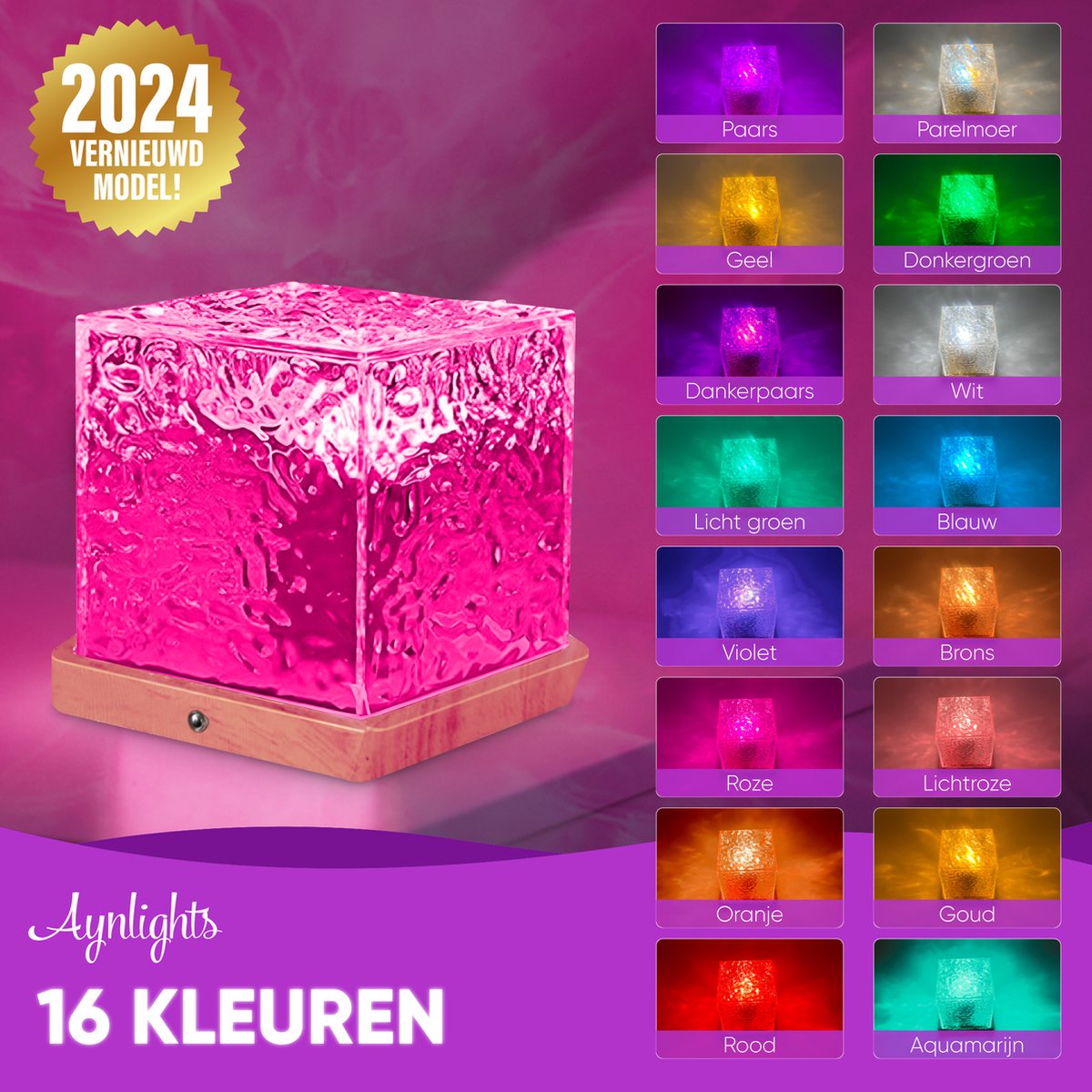 Aynlights® - 2025 - Wave Cube Projector - HOUT VERSIE - Noorderlicht Projector -Cube Lamp - Draadloos Model - Crystal Lamp - Luxe- Wave Lamp - Wave Cube - Ripple Light - Ocean Projector - Aurora - Sterren Projector - 1 JAAR GARANTIE – foto 3