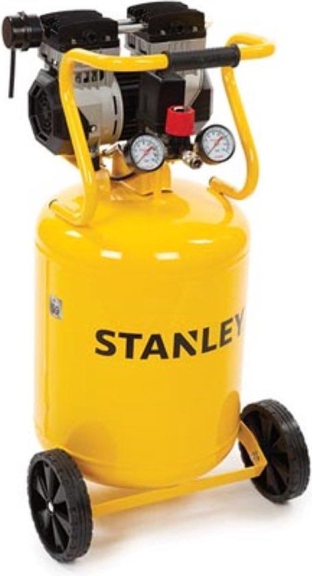 Compresseur Stanley jaune avec deux roues et une poignée.