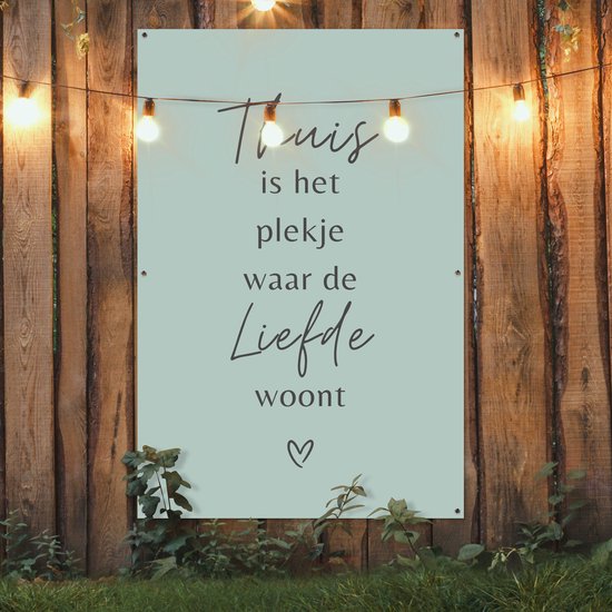 Affiche de jardin 120x180 cm - Décoration de jardin - Citation - Maison - Amour - Blauw - Texte - Coeur - Affiche pour le jardin - Décoration extérieure - Peinture de jardin de clôture - Décoration murale - Toile de jardin - Affiche extérieure