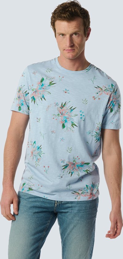 No Excess Mannen Stijlvol T-Shirt Met Ronde Hals En Botanische Bloemenprint Hemelsblauw XL