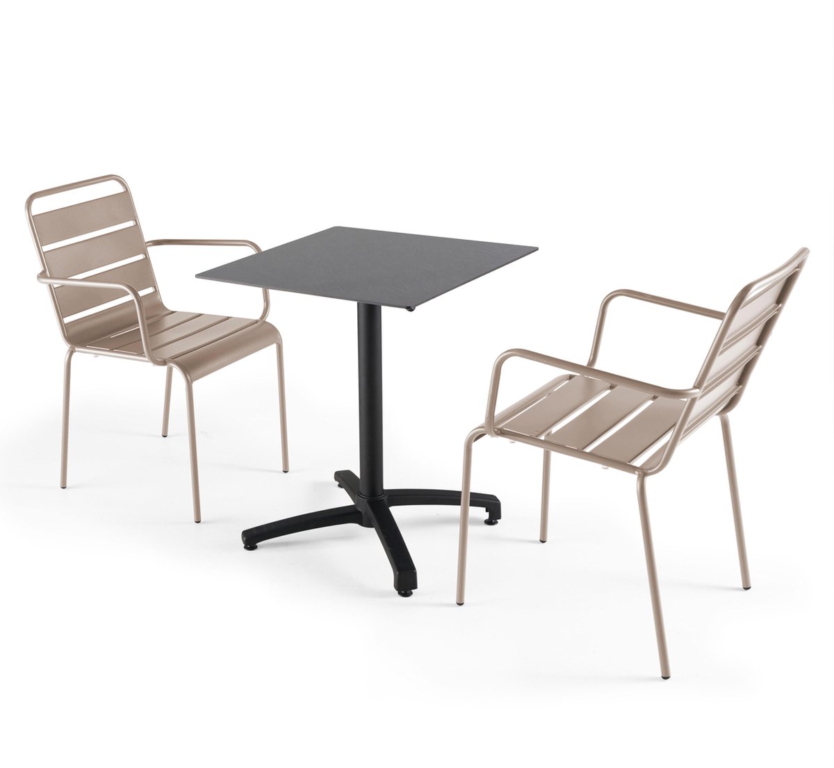 Oviala - Leigrijze laminaat tuintafel en 2 taupe fauteuils
