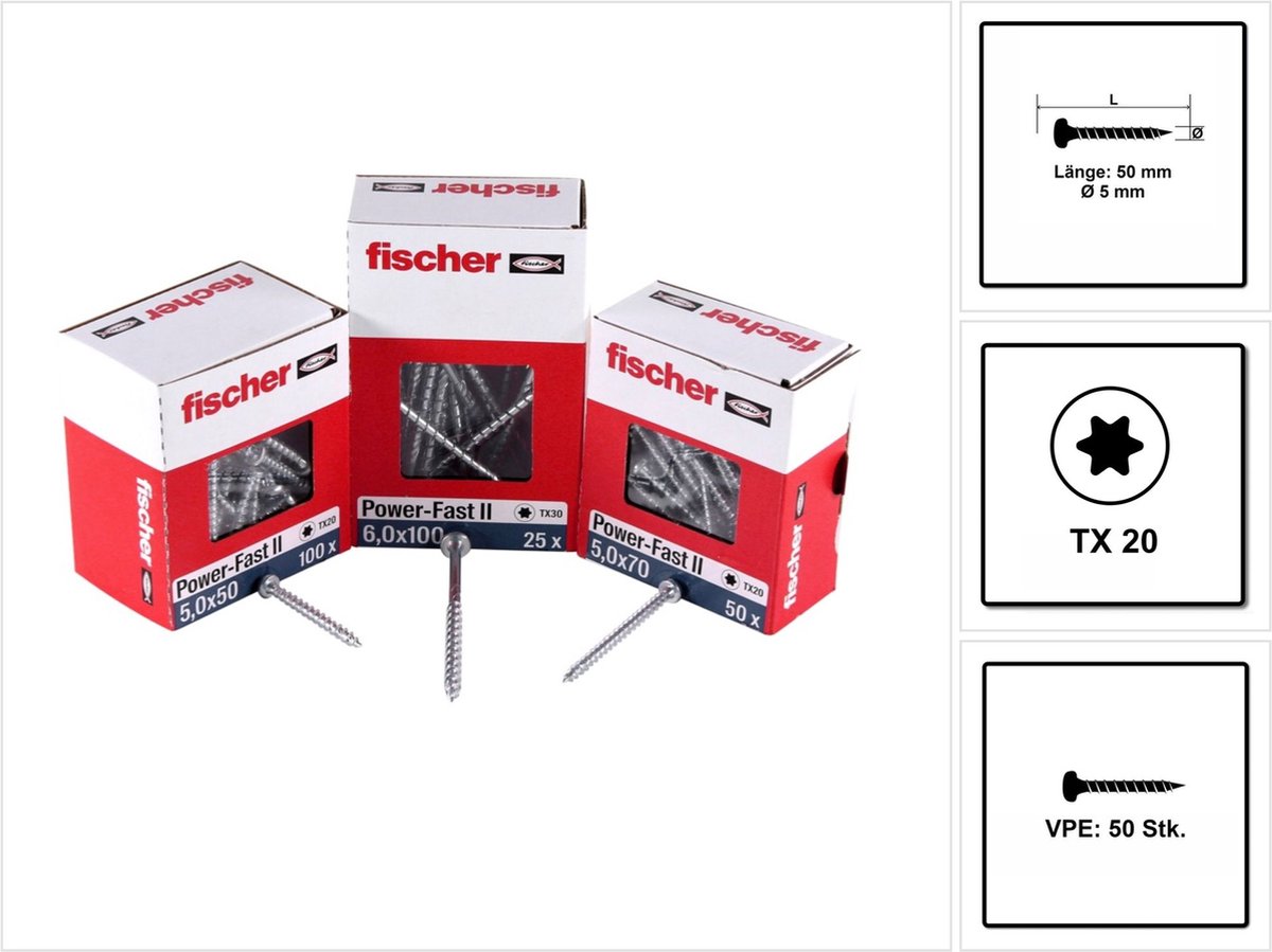 Fischer 50x Power-Fast II FPF II PTF 5 x 70 mm BC aan Head met binnenster TX20 volledig draad galvanisch verzinkt blauw gepassiveerd - 670441