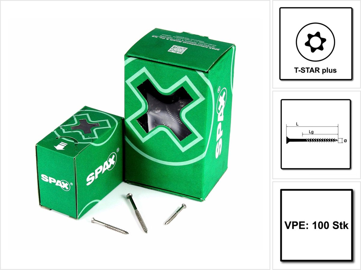 SPAX gevelschroef 4,0 x 60 mm roestvrij staal A2 100 stuks ( 0467000400603 ) gedeeltelijke schroefdraad, mini-lensverzonken kop, Torx T-STAR Plus T15 CUT