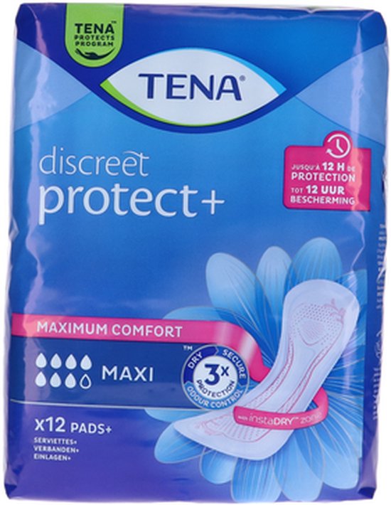 TENA Discreet Protect+ Maxi, 12 pads met maximale comfort en 12 uur bescherming. Blauwe verpakking met bloemendesign.
