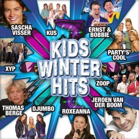 Albumcover met 'Kids Winter Hits' in grote letters. Bevat foto's van Sascha Visser, Kus, Ernst & Bobbie, Thomas Berge, Djumbo, Roxeanna, Jeroen van der Boom, Xyp en Party's Cool.