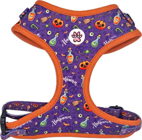 Foto: Halloween hondentuigje zacht tuigje honden harnas ook voor kleine hond puppy paars pompoenen pumpkin pooch parade paw my god maat m