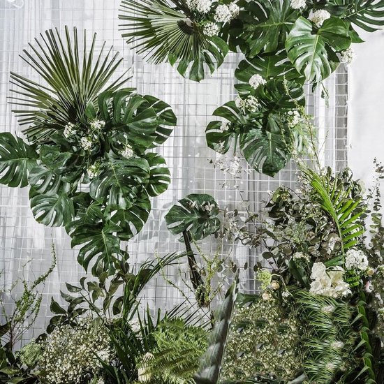 Tropische palmbladeren, 30 stuks kunstpalmbladeren, kunstmatige tropische bladeren, palmbladeren, decoratie, tropische bladeren, decoraties voor tafel, verjaardag, Hawaiiaanse Luau, feestdecoratie