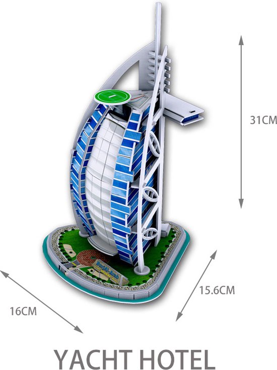 Ainy - 3D puzzel Burj Al Arab Jumeirah Dubai: Miniatuur bouwpakket / speelgoed knutselpakket - hobby puzzels gebouwen en creatief modelbouw voor kinderen & volwassenen | 24 stukjes - 16x15.6x31cm
