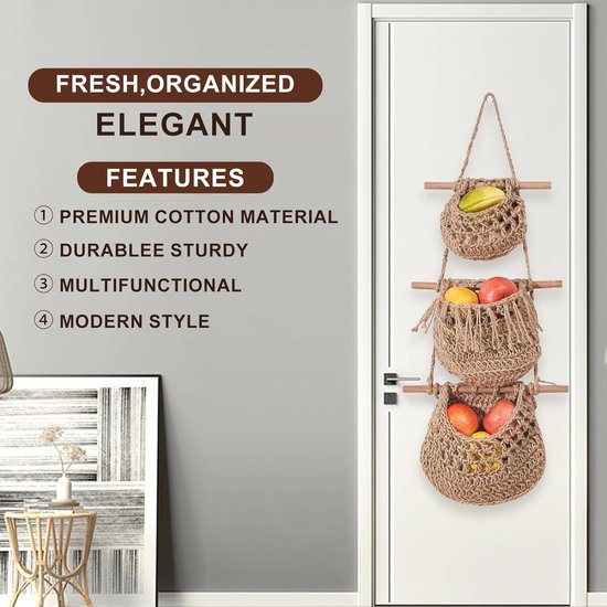 2PCS Hangende Fruitmand Macramé - Katoenen Touw Hangende Fruithouder - Opbergmand voor