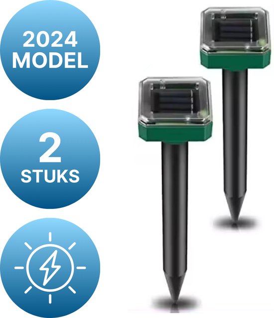 2x Mollenverjager & Muizenverjager - SOLAR - Mollenbestrijding - Ultrasone verjager - Diervriendelijk - Op Zonne-Energie - Anti Mollen & Muizen Verjager - Weerbestendig - Ongedierte Verjager - Strakke tuin, weiland of perceel