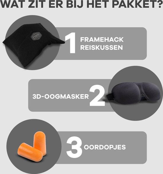 Framehack Zacht Travel Pillow Reiskussen - Neksteun Nek Support - Nekkussen - inclusief 3D slaapmasker & oordopjes – Zwart - Framehack