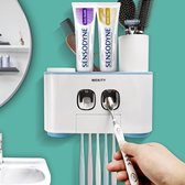 Tandenborstelhouder, tandenborstelhouder wand- en tandpastadispenserset voor kinderen en volwassenen, 2 tandpastadispensers automatisch met 5 tandenborstelsleuven en 4 kopjes, zonder boren