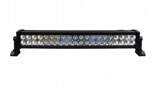 Zwarte ledbar met 40 ledlampjes, gemonteerd op zwarte steunen, op witte achtergrond.