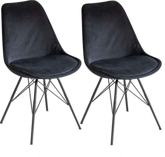 Rootz Set van 2 moderne eetkamerstoelen - Scandinavisch design - Fluwelen zitkussen - Stevige metalen poten - 48 cm x 85 cm x 58 cm - Zwart - Plastic doppen - Comfortabele vulling - Eenvoudige montage