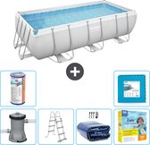 Bestway Rechthoekig Power Steel Zwembad - 404 x 201 x 100 - Grijs - Inclusief Pomp - Ladder Solarzeil - Onderhoudspakket - Filter - Vloertegels