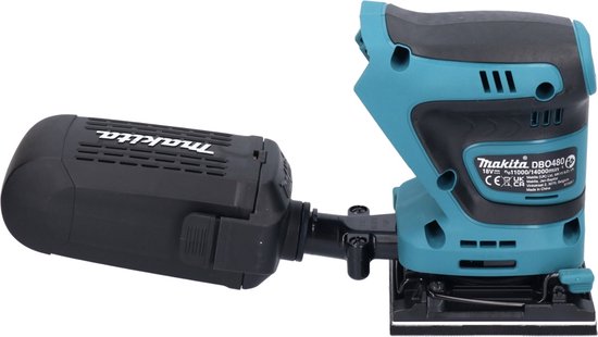 Turquoise Makita vlakschuurmachine DBO480 met stofzuigeropzetstuk en zwarte greep.
