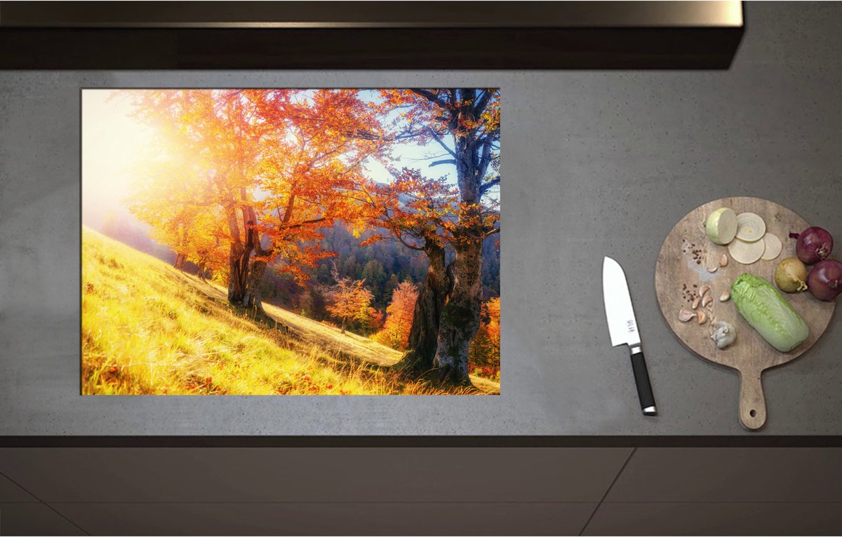 Inductieplaat Beschermer - Bomen op Rand van Berg in Herfst Tinten - 75x55 cm - 2 mm Dik - Inductie Beschermer - Bescherming Inductiekookplaat - Kookplaat Beschermer van Wit Vinyl