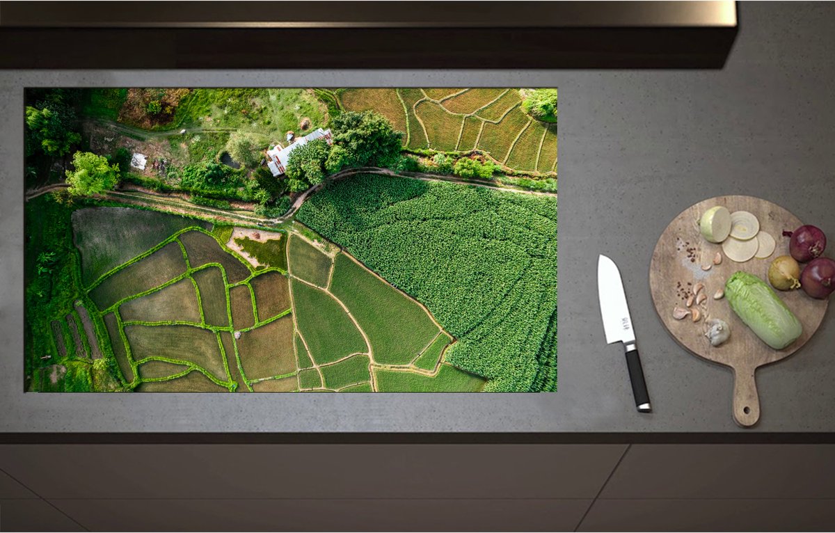 Inductieplaat Beschermer - Bovenaanzicht van een Landschap Gevuld met Rijstvelden - 95x55 cm - 2 mm Dik - Inductie Beschermer - Bescherming Inductiekookplaat - Kookplaat Beschermer van Zwart Vinyl