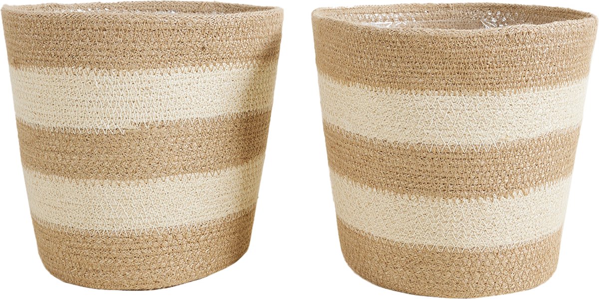 Bloomique Gevlochten Plantenpot Gaby Set van 2 Potten Beige Jute Mand voor Planten Binnen en Buiten H22x Ø21
