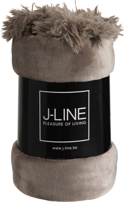 J-Line Plaid Pompom - fleece deken - polyester - taupe - 170 x 130 cm - woonaccessoires