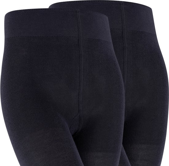 Detail van de tailleband van twee donkerblauwe panty's, van katoen, met een geribbelde textuur.