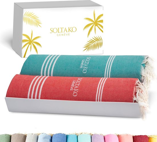 XXL Fouta strandhanddoek, handdoek, saunahanddoek, badhanddoek, hamamhanddoek, yogadeken, pestemal voor dames en heren, geschenkdoos, extra groot en licht, 100 x 200 cm (jade-koraal, 2)