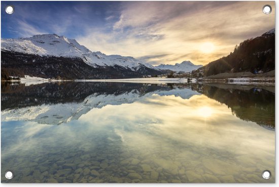 Tuindecoratie Bergmeer in de winter Zwitserland - 60x40 cm - Tuinposter - Tuindoek - Buitenposter