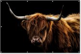 Muurdecoratie Schotse Hooglander - Horens - Zwart - Dieren - Natuur - Wild - Koe - 180x120 cm - Tuinposter - Tuindoek - Buitenposter
