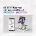 Een smartphone met video instructies en een stapel kaarten met Fissaly partydecoratie.