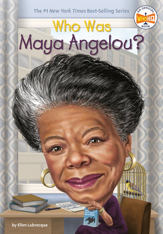 Boekcover van 'Who Was Maya Angelou?', met een karikatuur van Maya Angelou en een gele kanarie in een kooi.