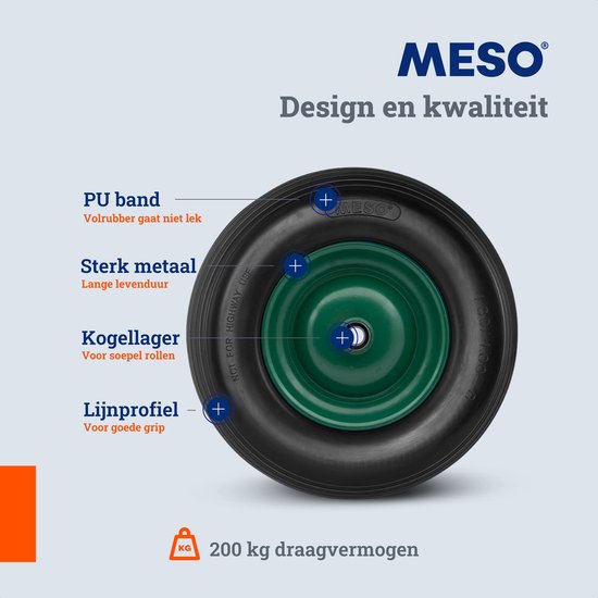 MESO Kruiwagenwiel Anti Lek - 4.80/4.00-8 - Massief PU Band - Lekvrij Wiel - Kruiwagenband 4.80/400 voor Kruiwagen - Meso