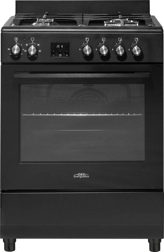 Everglades EVCK6020 - Gasfornuis - Mat Zwart - 60CM - Hoogte 89 - 92CM - Gietijzeren Pannendragers - Wokbrander - Digitale Timer - 8 Ovenstanden - Hete Lucht Oven - 56 Liter - 5 Jaar Garantie