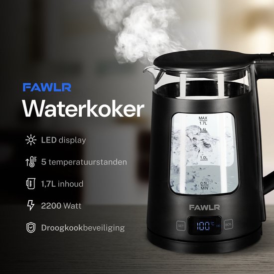 Zwarte FAWLR waterkoker met glazen kan, LED display, 1,7L inhoud en 2200 Watt.