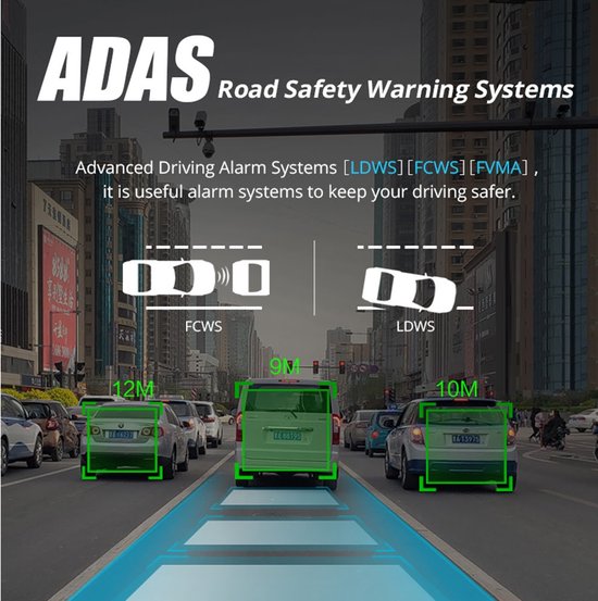 Illustratie van rijdende auto's met ADAS-functies: FCWS (Forward Collision Warning System) en LDWS (Lane Departure Warning System).