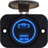 ProRide® 12V USB/USB C Stopcontact 2 Poorten - Inbouw - QC3.0 - USB Autolader, Boot en Camper - Complete set - Blauw