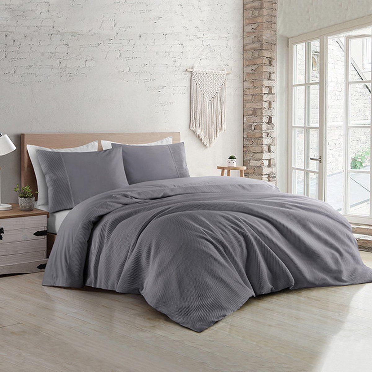 Zavelo DeLuxe Waffle Dekbedovertrek Antraciet-Lits-jumeaux (240 x 200/220 cm) - 100% Percale Katoen - Luxe Dekbedovertrek - Super zacht