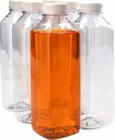 6x Sapfles Plastic 750 ml - Vierkant - PET Flessen met Dop, Sapflessen, Plastic Flesjes Navulbaar, Smoothie Sap Fles - Kunststof BPA-vrij - Rond - Set van 6 Stuks
