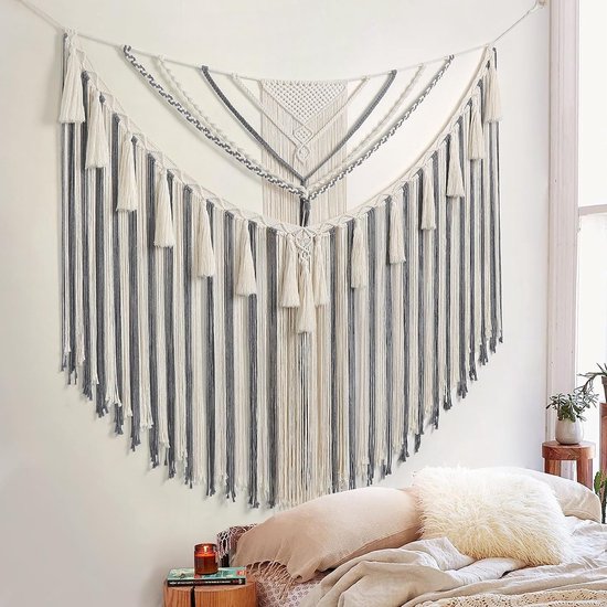 Grote macramé, wandtapijt, boho, geometrische kunst, geweven katoenen wandtapijt, wanddecoratie, geel, Boheems huishoudtextiel voor woonkamer, slaapkamer, slaapzaal, appartement (grijs)