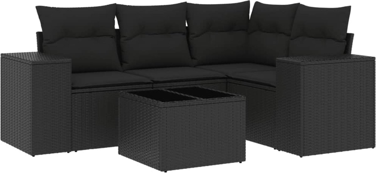 vidaXL 5-delige - Loungeset - met - kussens - poly - rattan - zwart
