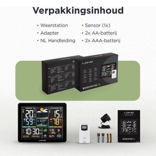 LONQ Weerstation Binnen en Buiten - 18 Functies - Draadloos Weerstation met Buitensensor - Thermometer Hygrometer - Kleurendisplay - DCF Gestuurde Klok