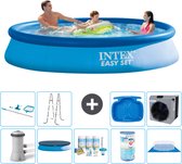 Intex Rond Opblaasbaar Easy Set Zwembad - 366 x 76 cm - Blauw - Inclusief Pomp Afdekzeil - Onderhoudspakket - Filter - Grondzeil - Schoonmaakset - Ladder - Voetenbad - Warmtepomp